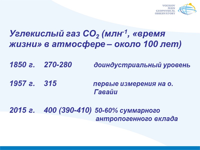 Углекислый газ СО2 (млн-1, «время жизни» в атмосфере – около 100 лет)  1850